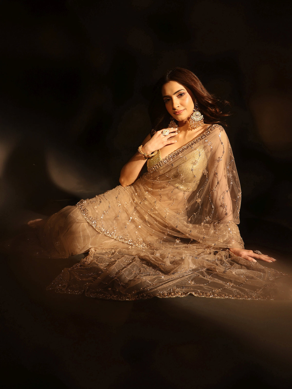 Anouk Taupe Grey Embellished Wavy Pattern Net Saree