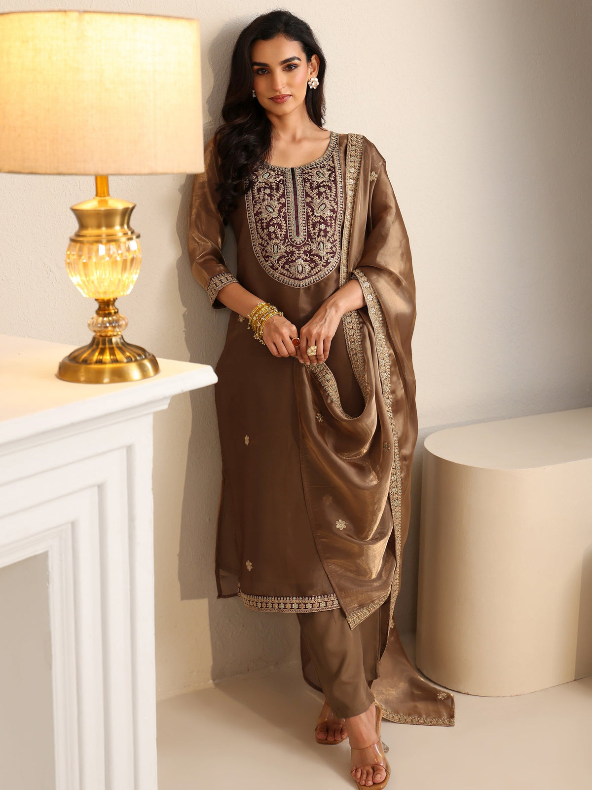 Anouk Taupe Tissue Straight Suit Set with Embellished Yoke
