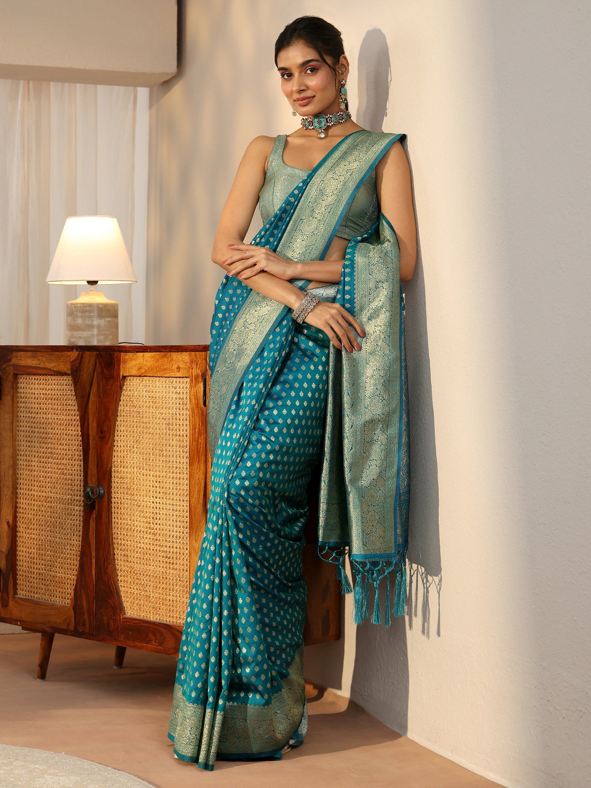 Anouk Teal Blue Banarasi Silk Blend Saree