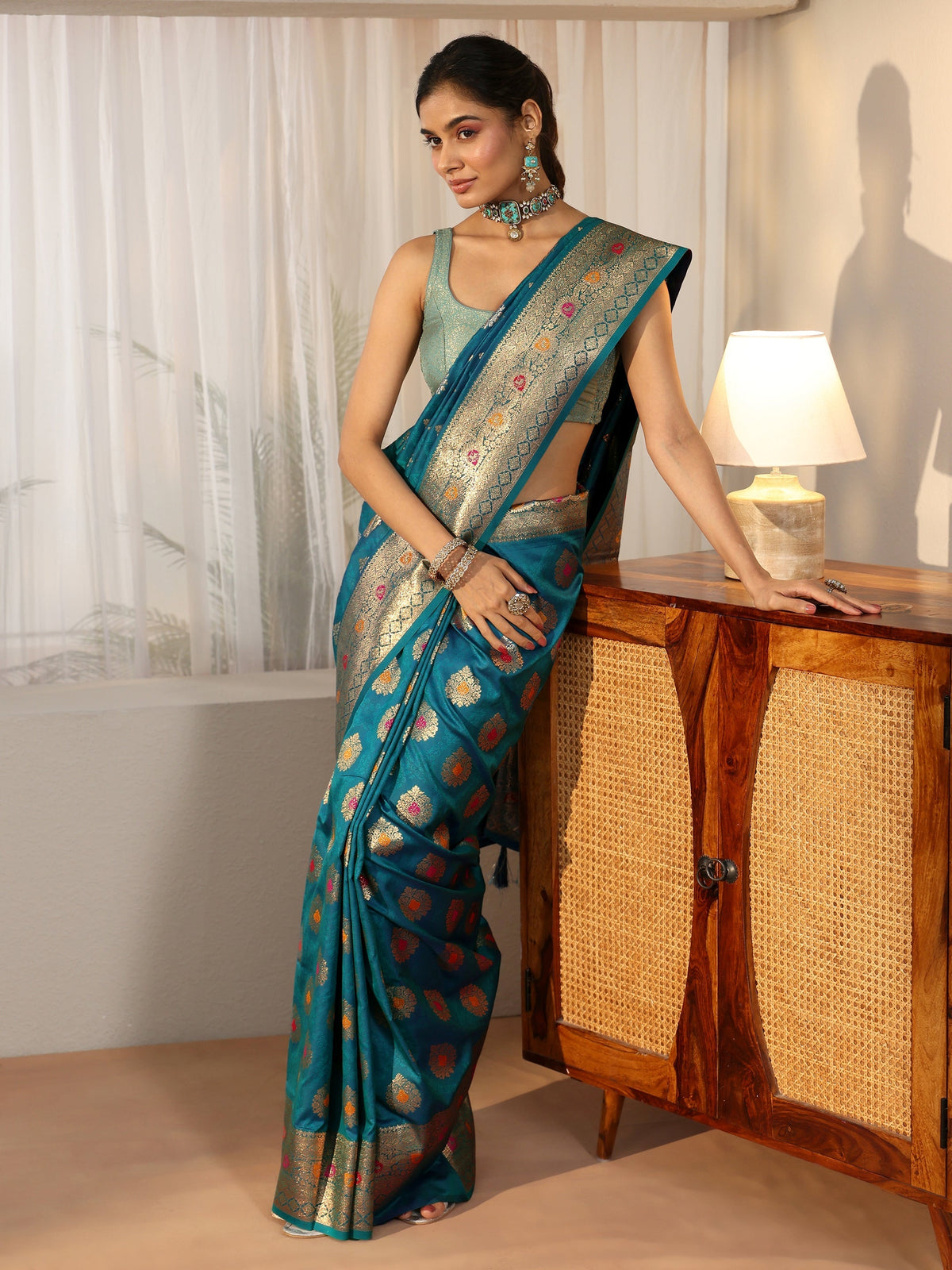 Anouk Teal Blue Banarasi Silk Blend Saree