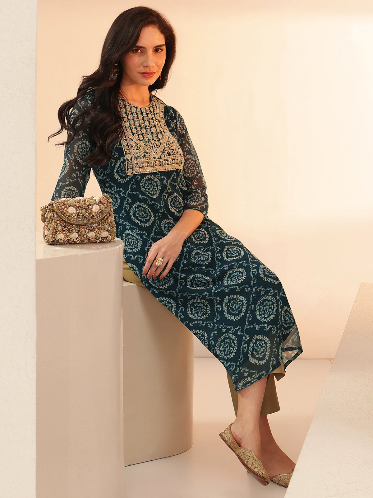 Anouk Teal Blue Bandhani Printed Chiffon Straight Kurta