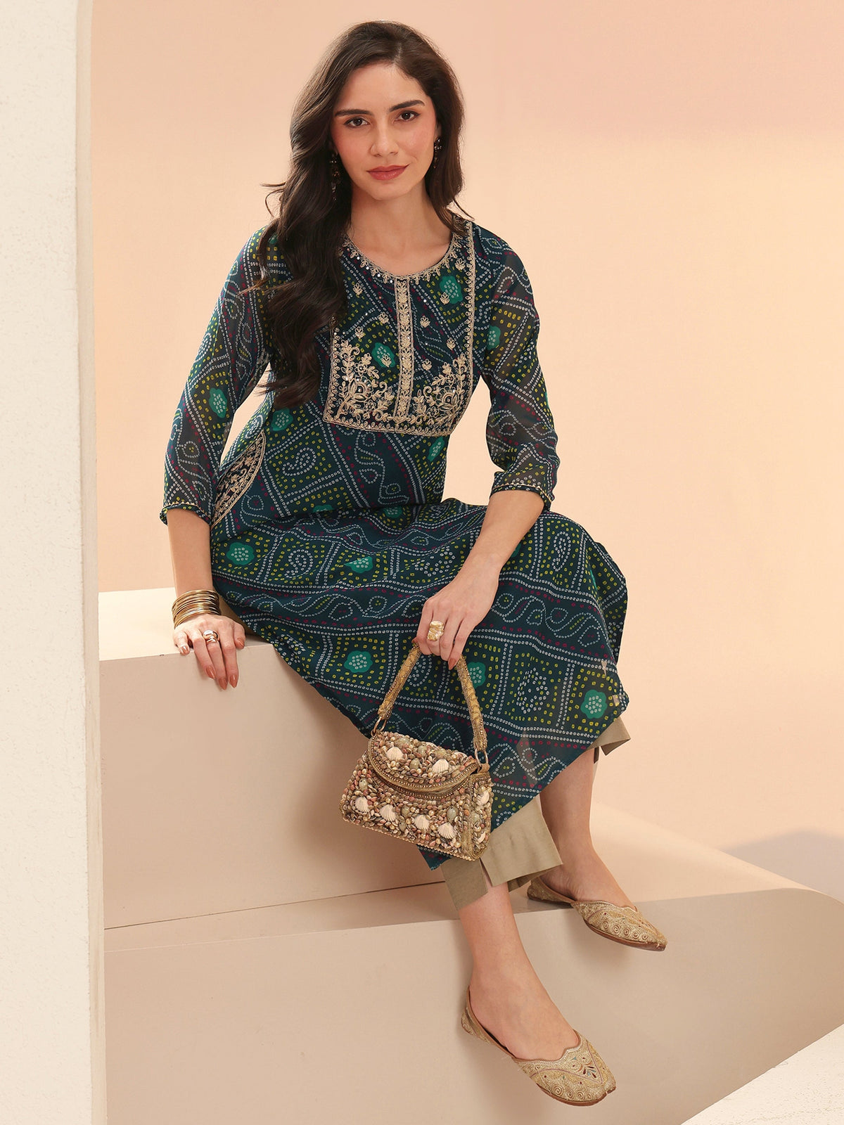 Anouk Teal Blue Bandhani Printed Chiffon Straight Kurta