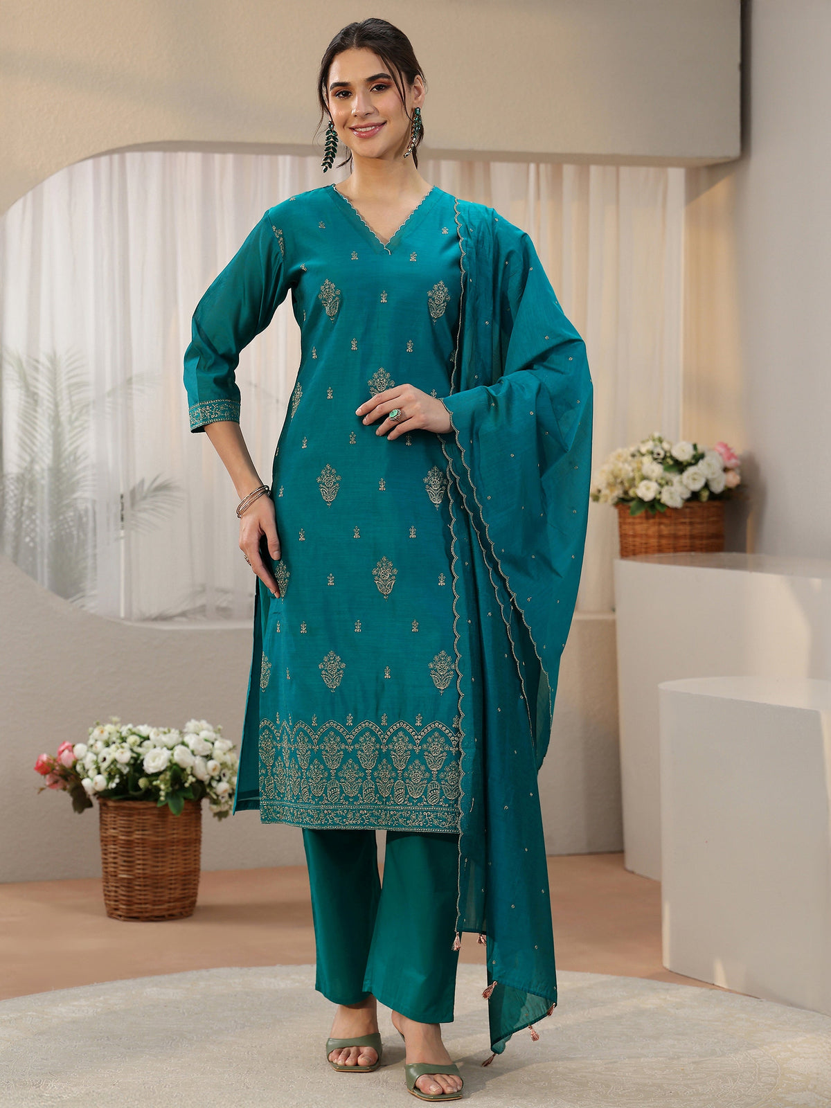 Anouk Teal Blue Embroiderd Chanderi Silk Straight Suit Set