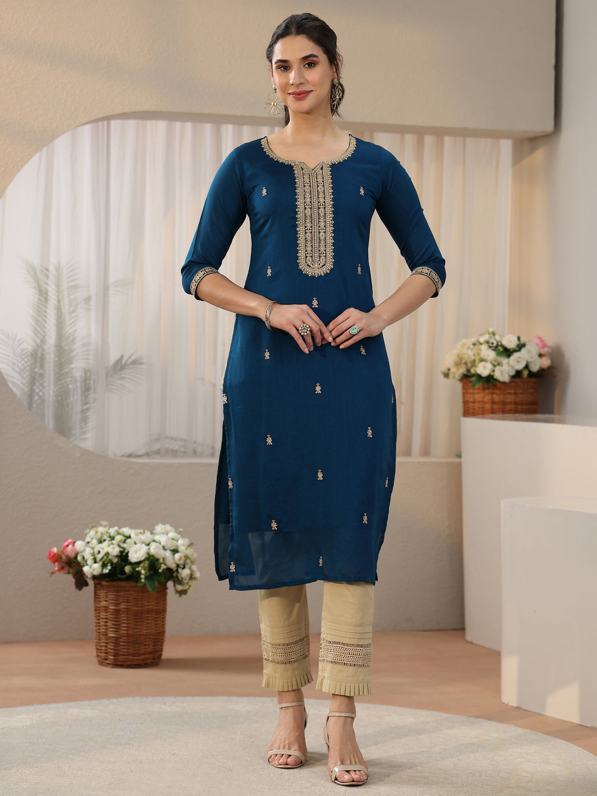 Anouk Teal Blue Embroidered Silk Blend Straight Kurta