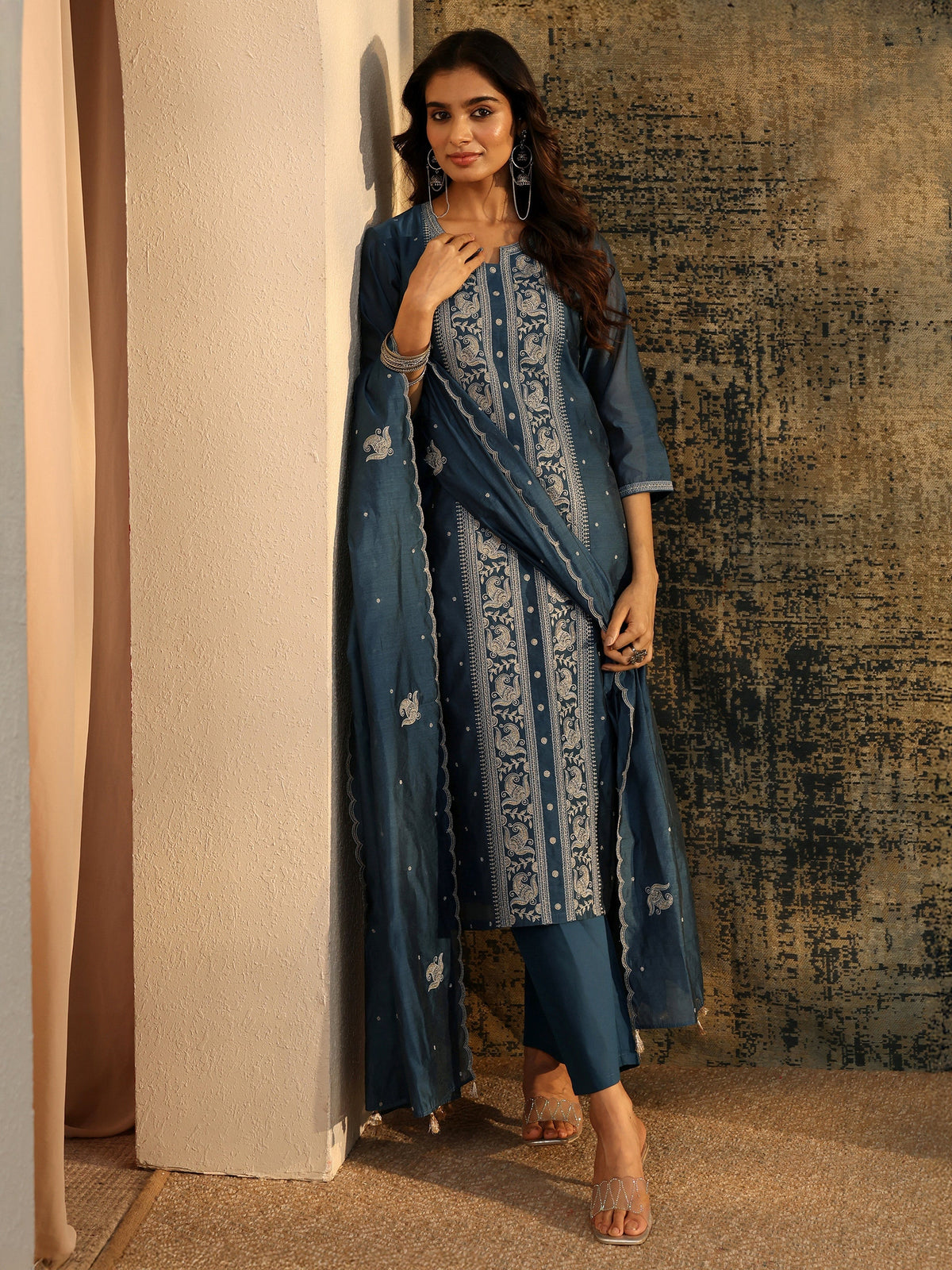 Anouk Teal Blue Paisley Embroidered Chanderi Silk Straight Suit Set
