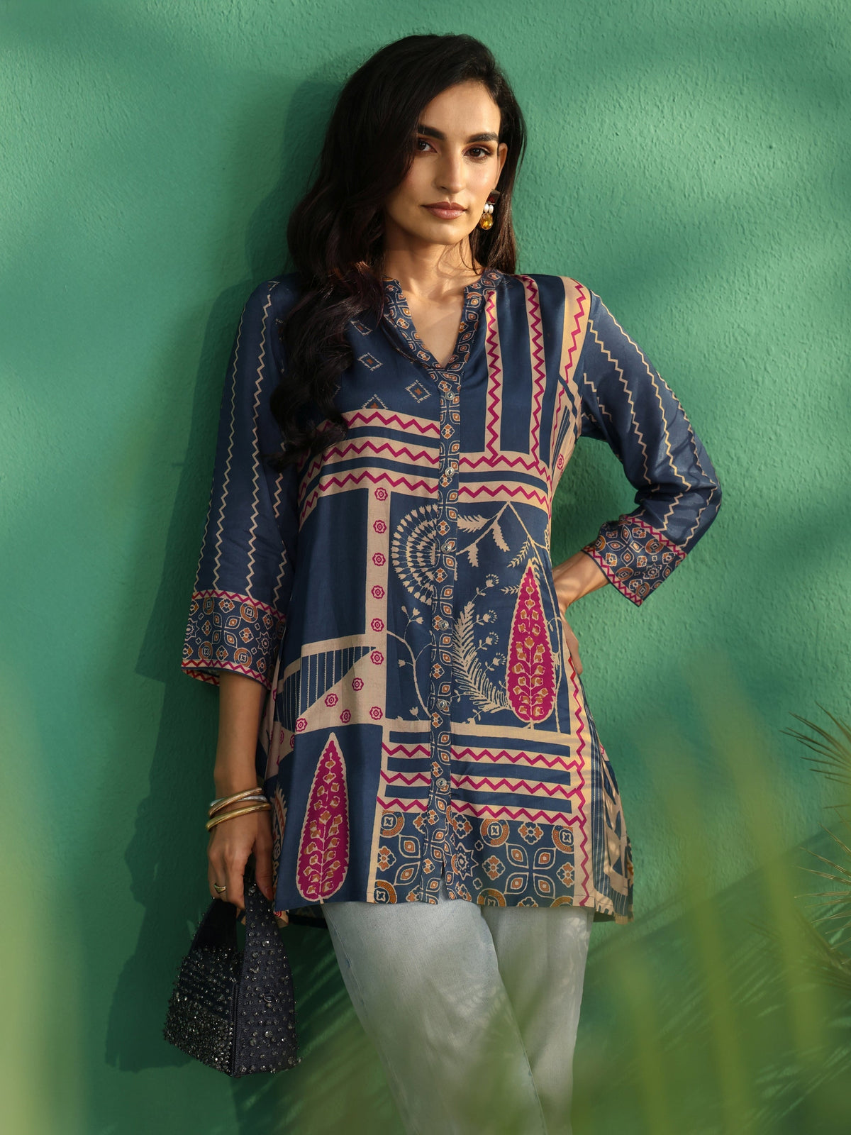 Anouk Teal Blue Printed Muslin Short Kurti