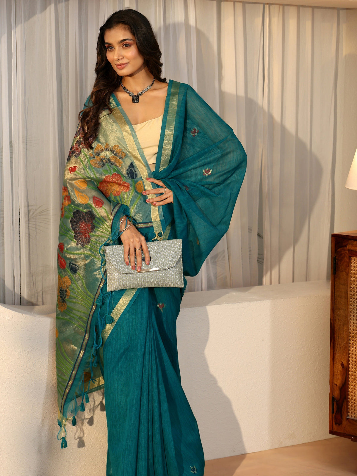 Anouk Teal Blue Woven Design Floral Pallu Silk Blend Saree