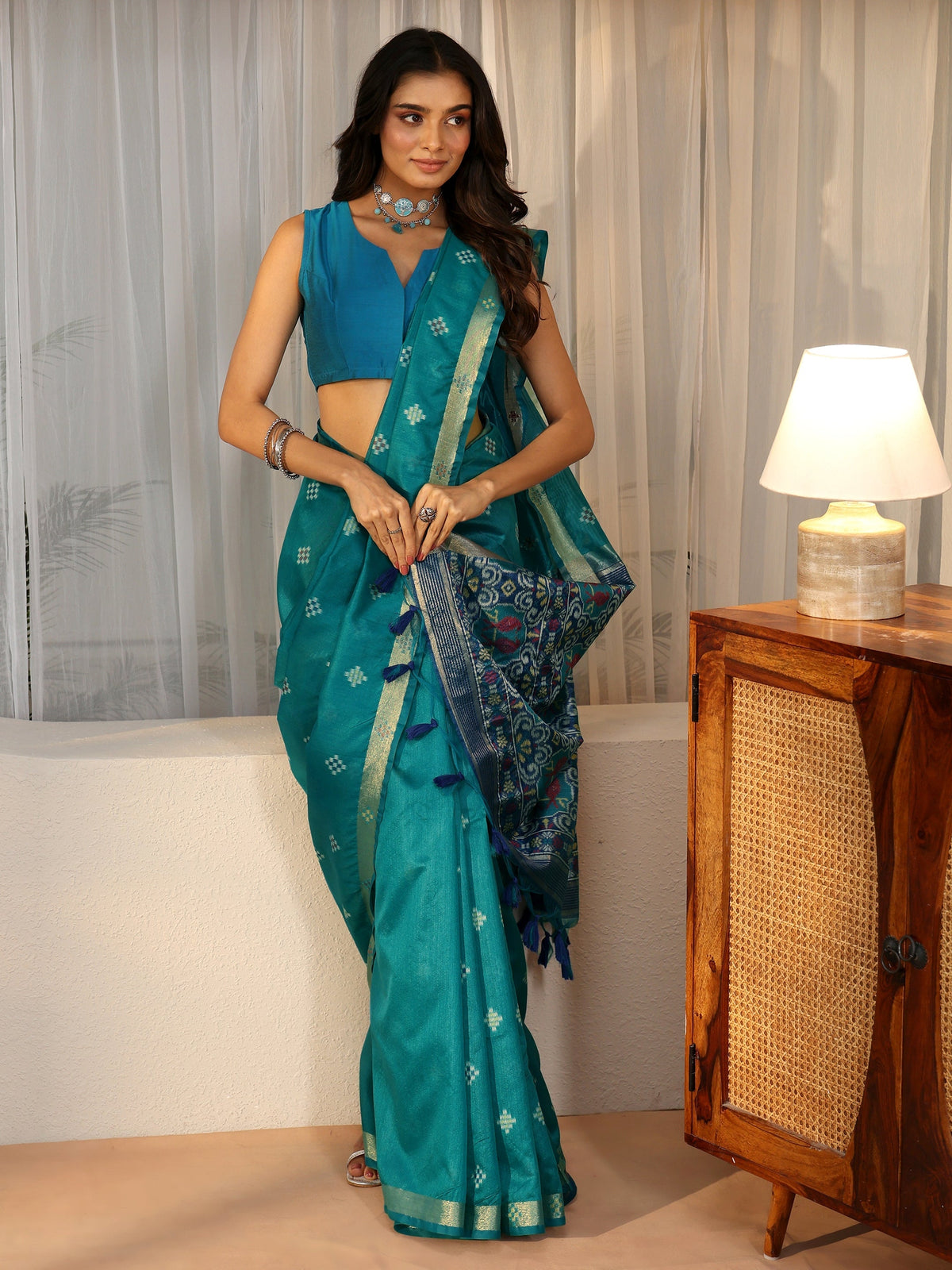 Anouk Teal Blue Woven Design Silk Blend Saree