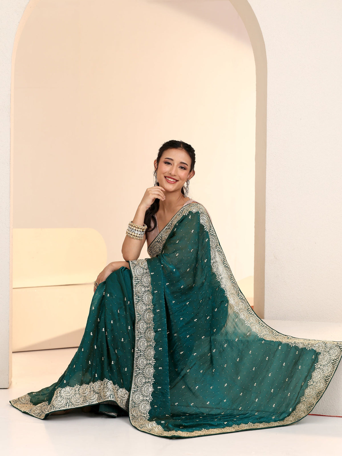 Anouk Teal Green Embellished Tissue Saree