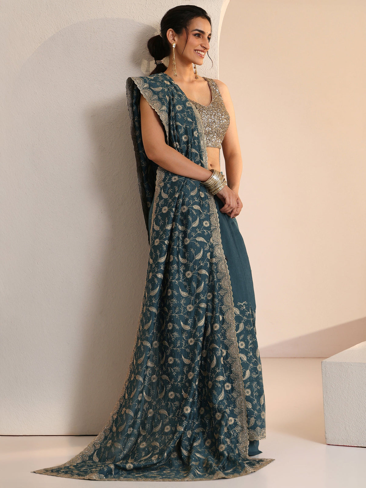Anouk Teal Green Floral Embroidered Silk Blend Saree