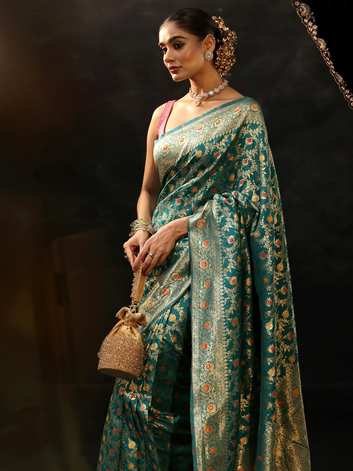 Anouk Teal Green Meenakari Banarasi Silk Blend Saree