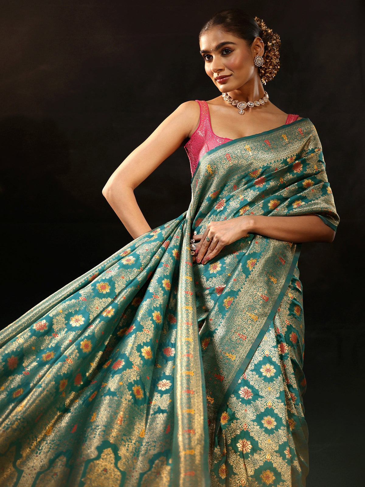 Anouk Teal Green Meenakari Banarasi Silk Blend Saree