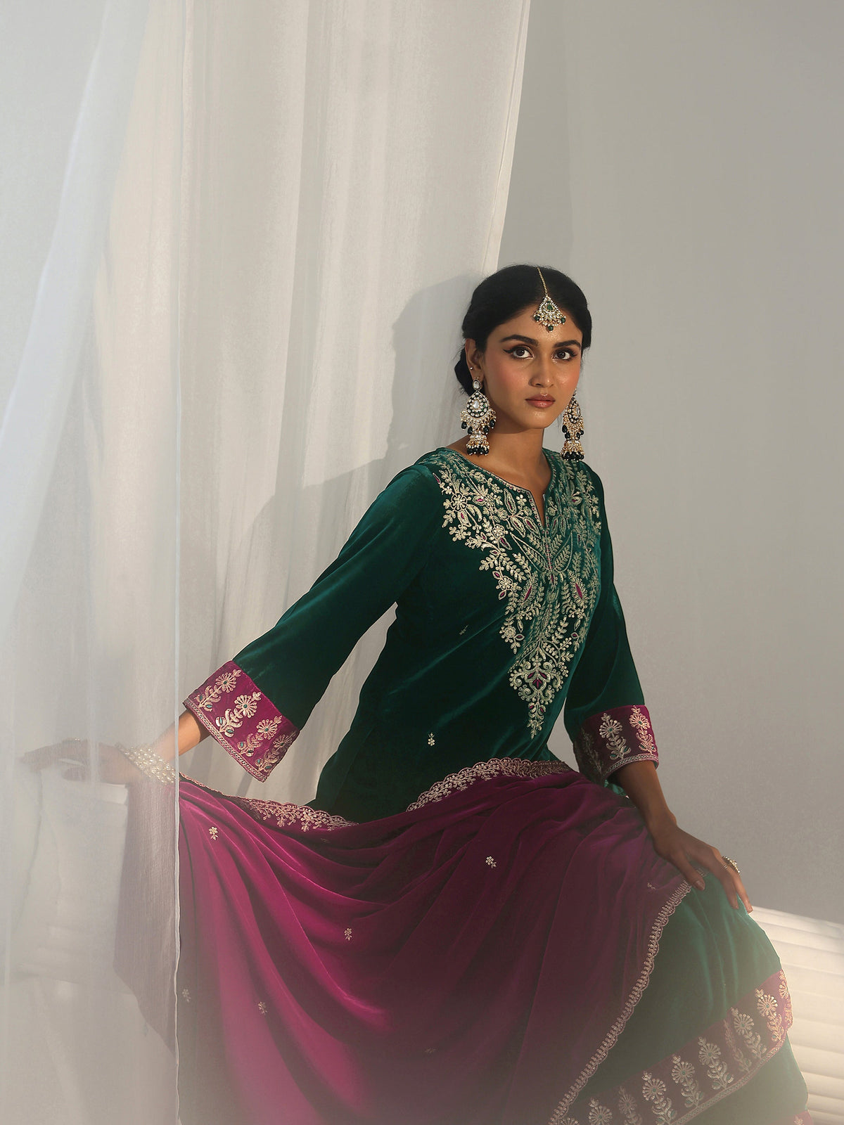 Anouk Teal Green Yoke Design Velvet Straight Suit Set