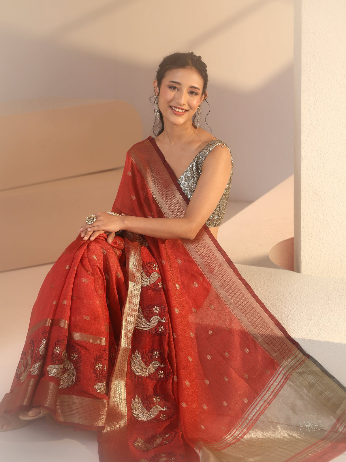 Anouk Terracotta Red Peacock Motif Chanderi Silk Saree