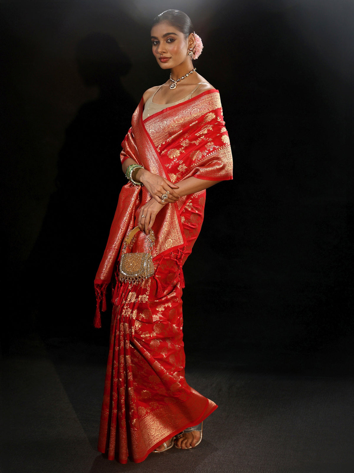 Anouk Vermilion Red Banarasi Silk Blend Saree