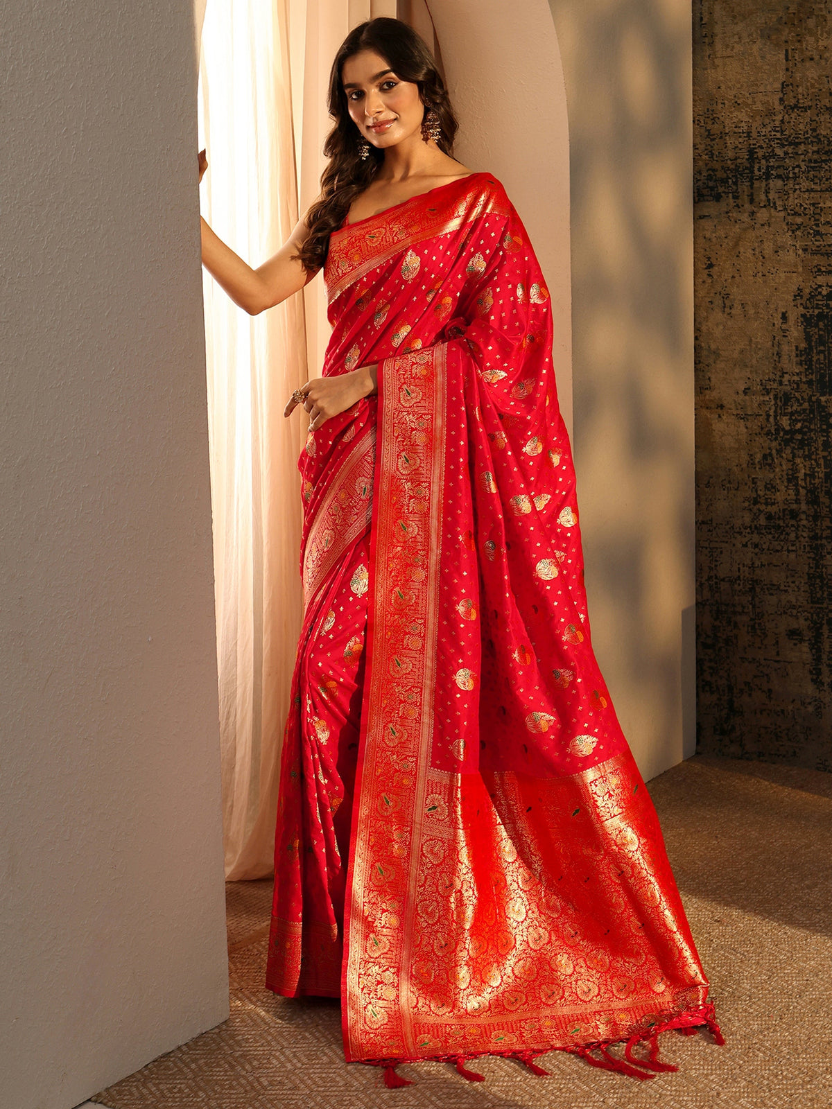 Anouk Vermilion Red Banarasi Silk Blend Saree