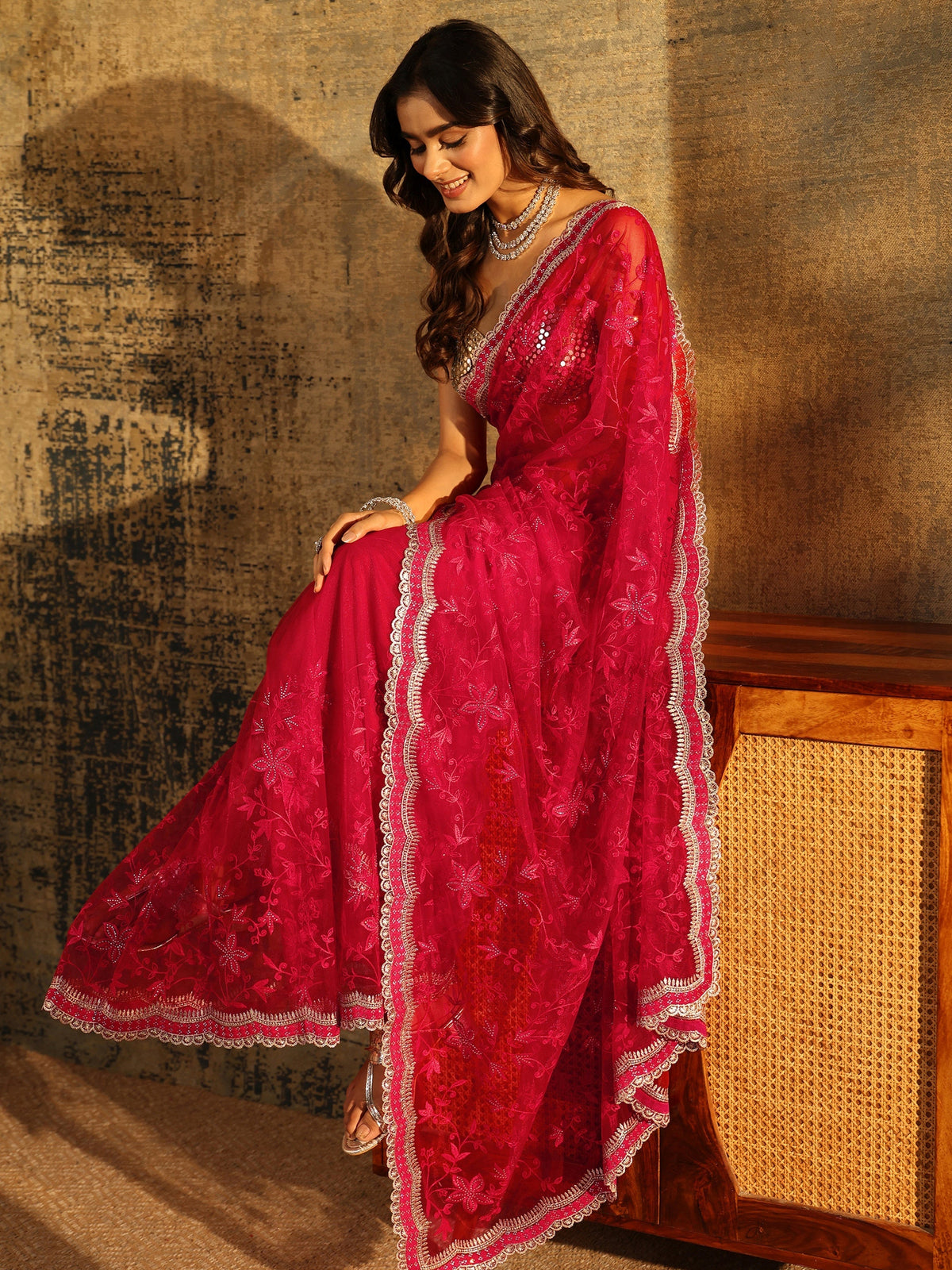 Anouk Vermilion Red Floral Embroidered Net Saree