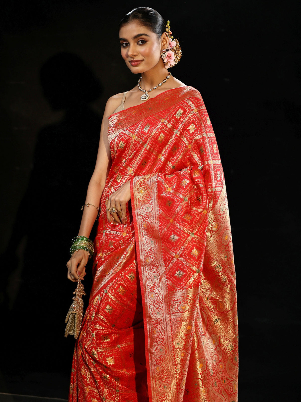 Anouk Vermilion Red Gharchola Silk Blend Saree