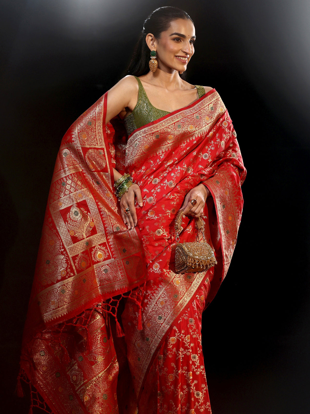 Anouk Vermilion Red Meenakari Banarasi Silk Blend Saree