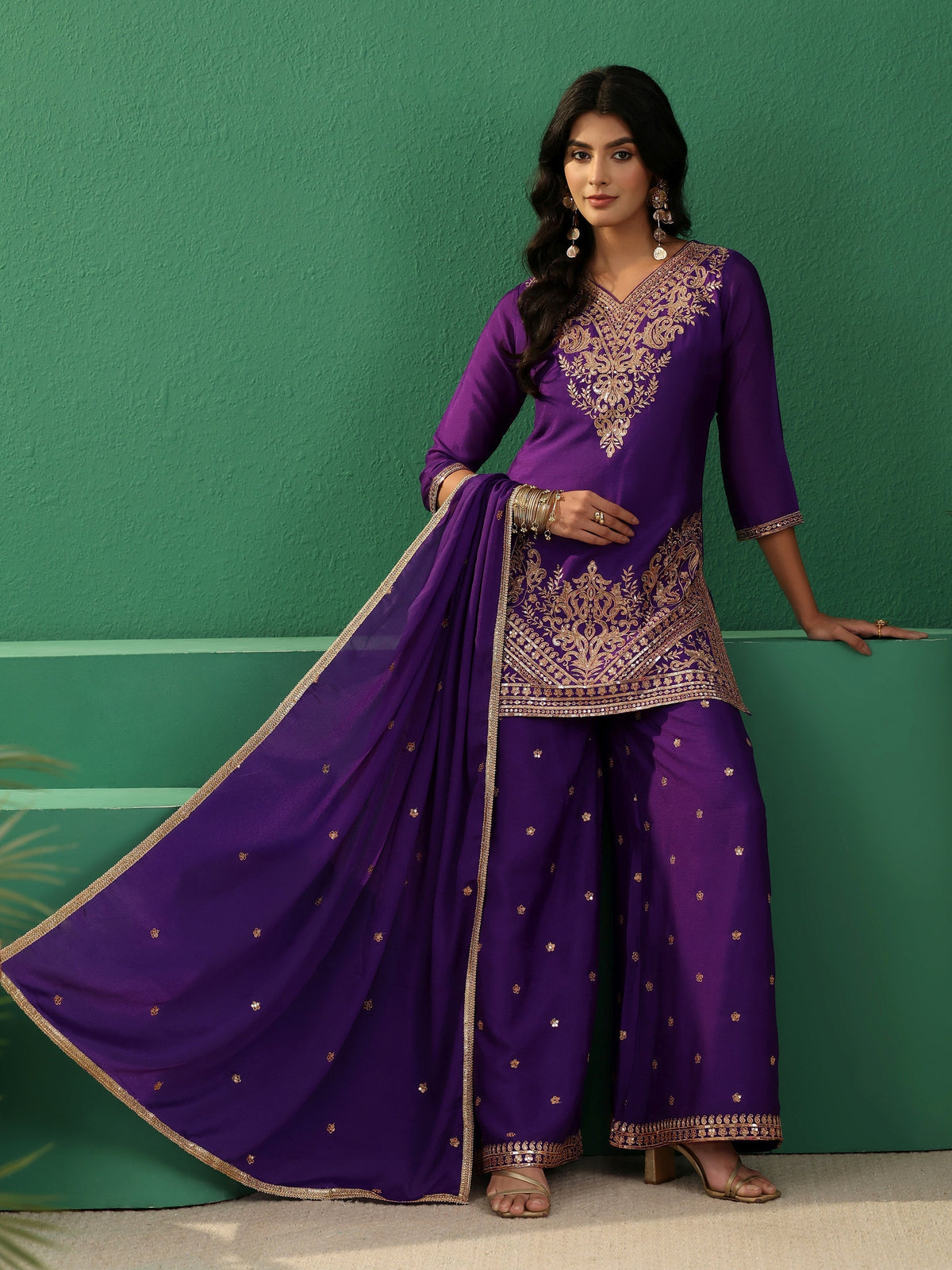 Anouk Violet Yoke Design Chinon Palazzo Suit Set