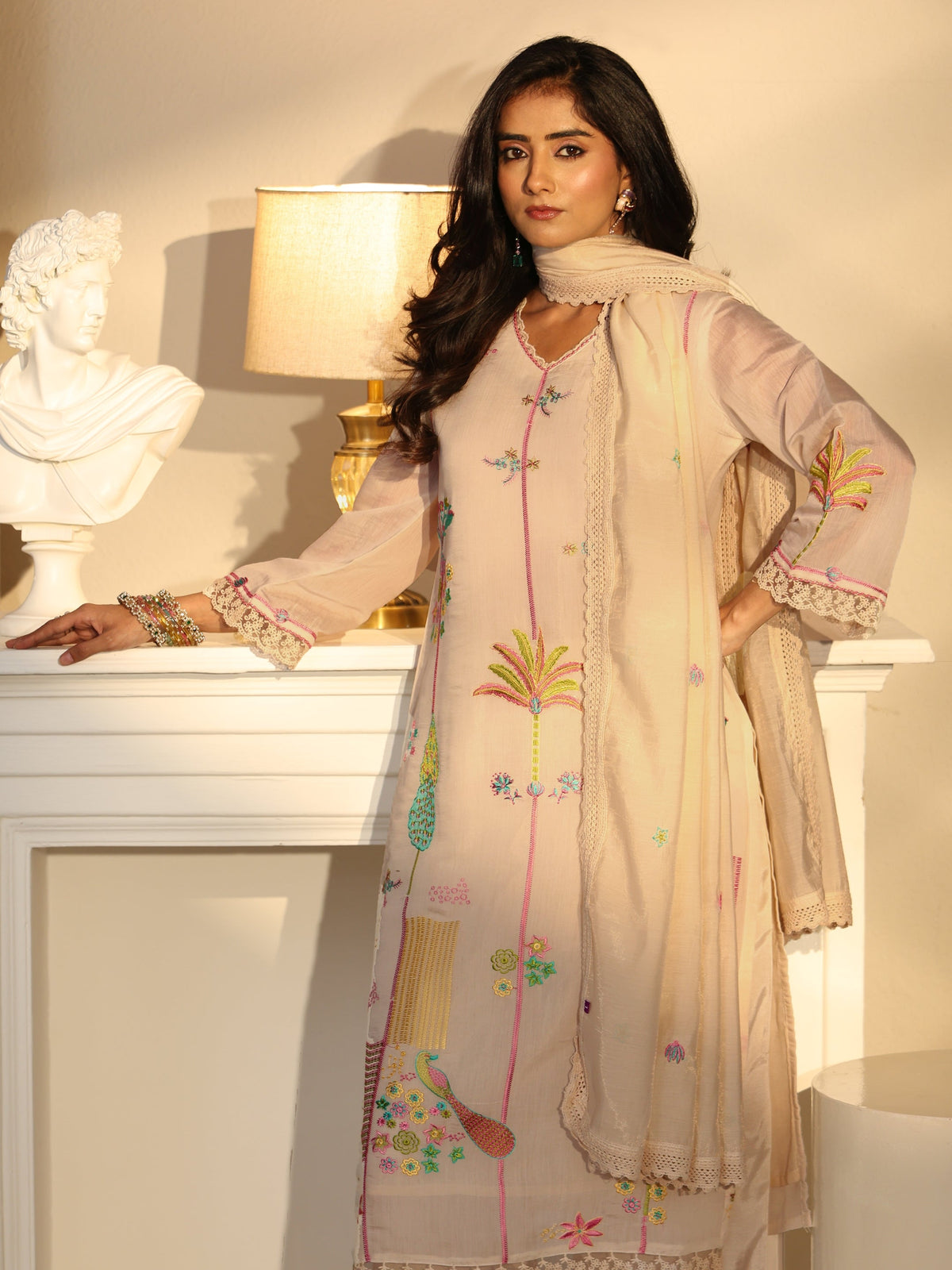 Anouk White Floral Embroidered Chanderi Cotton Straight Suit Set
