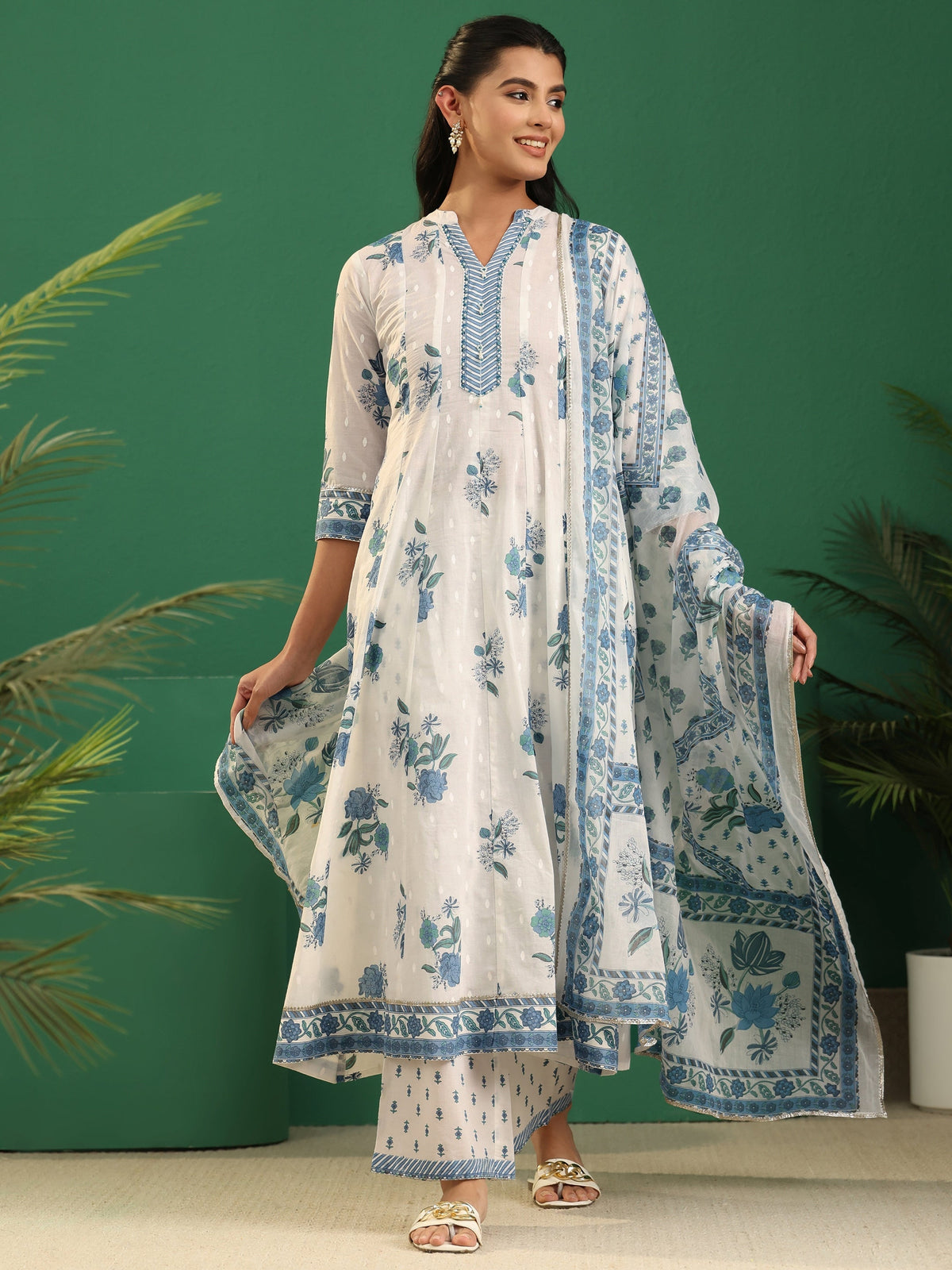 Anouk White Floral Printed Cotton Anarakali Suit Set
