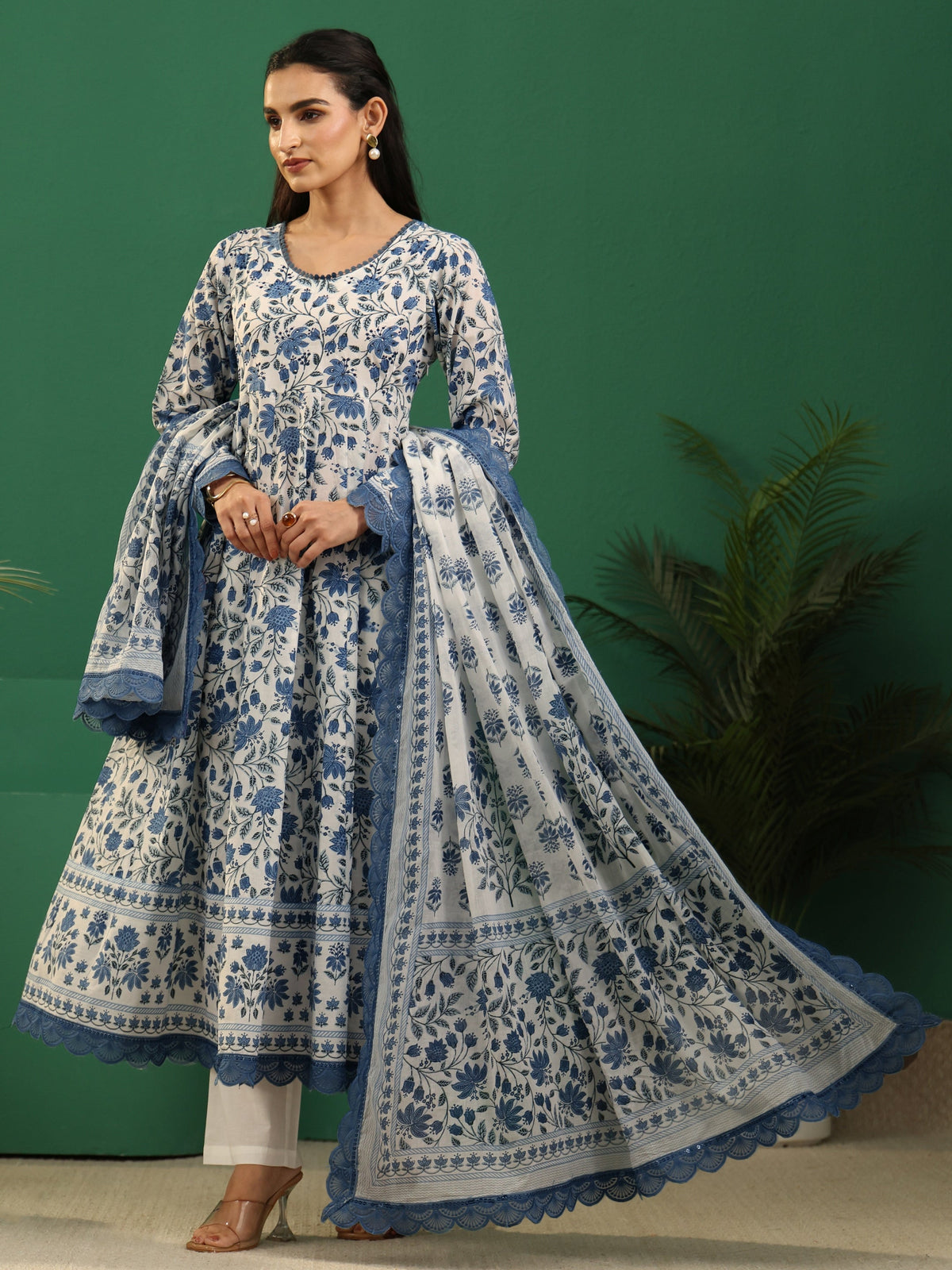 Anouk White Floral Printed Cotton Anarkali Suit Set