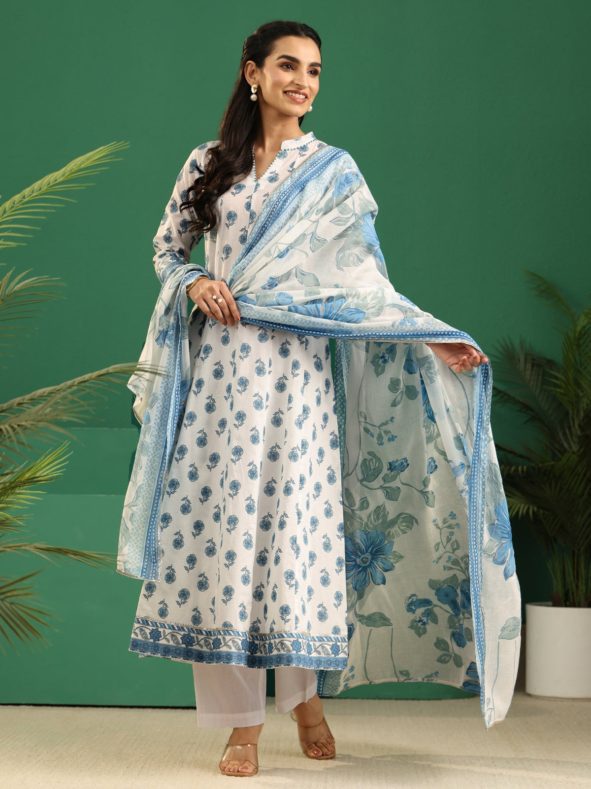 Anouk White Floral Printed Cotton Anarkali Suit Set