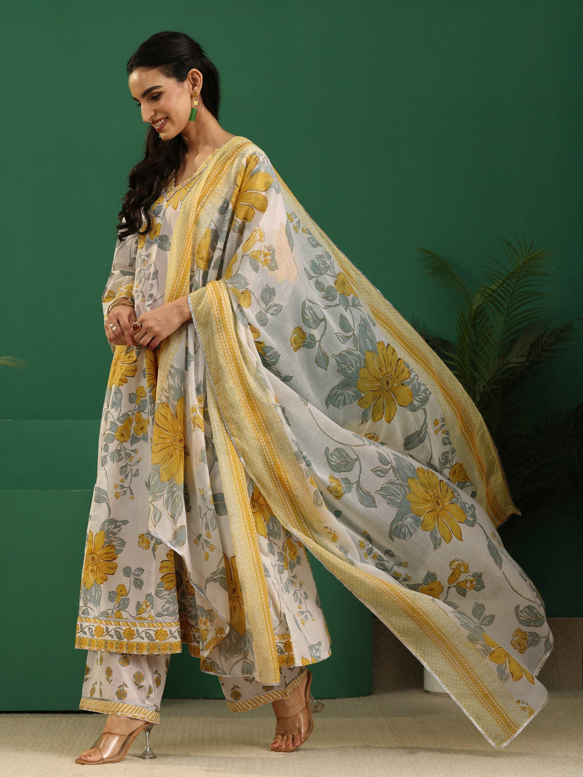 Anouk White Floral Printed Cotton Anarkali Suit Set