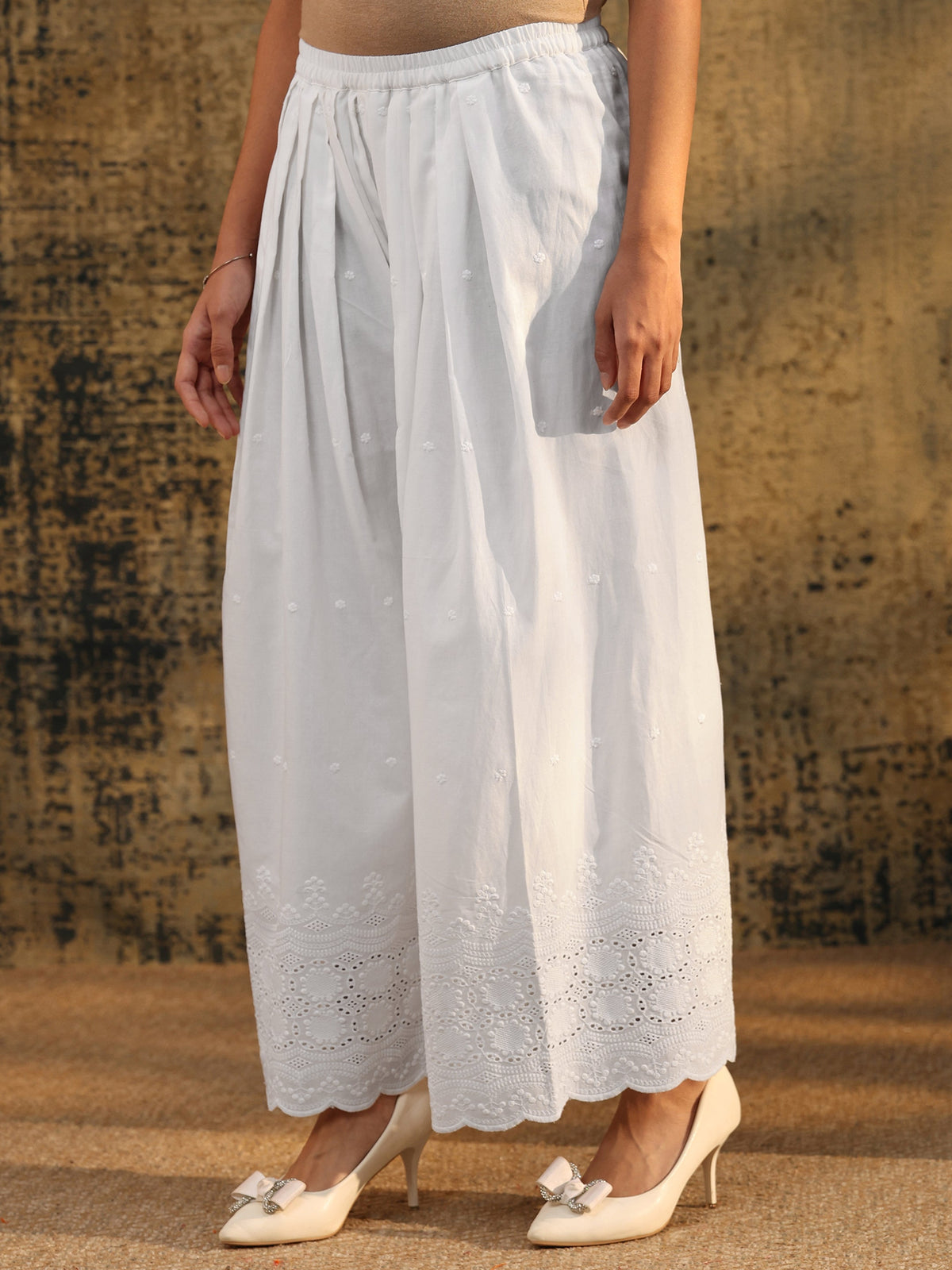 Anouk White Schiffli Embroidered Wide Leg Palazzo