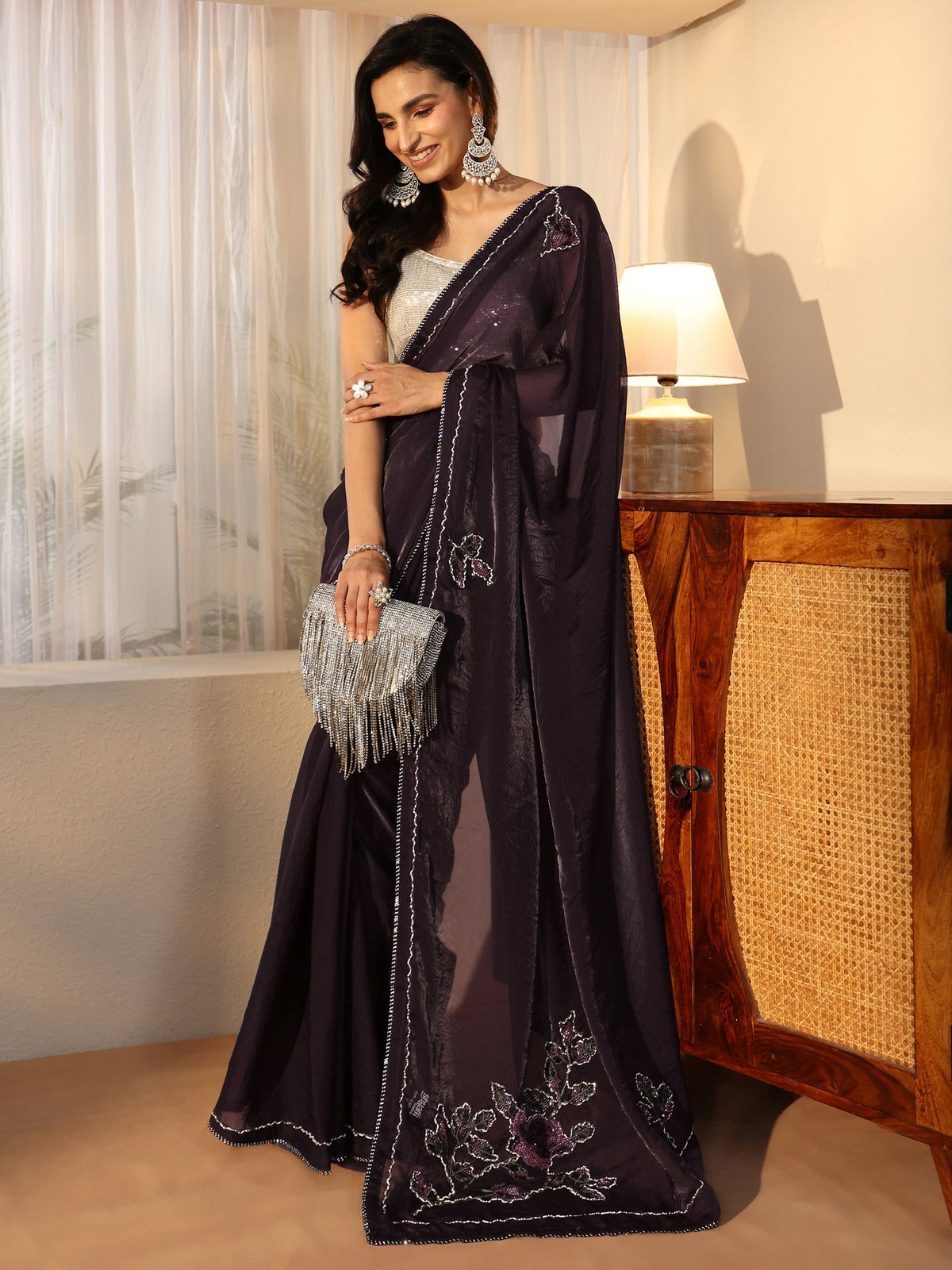 Anouk Wine Floral Embellished Satin Saree