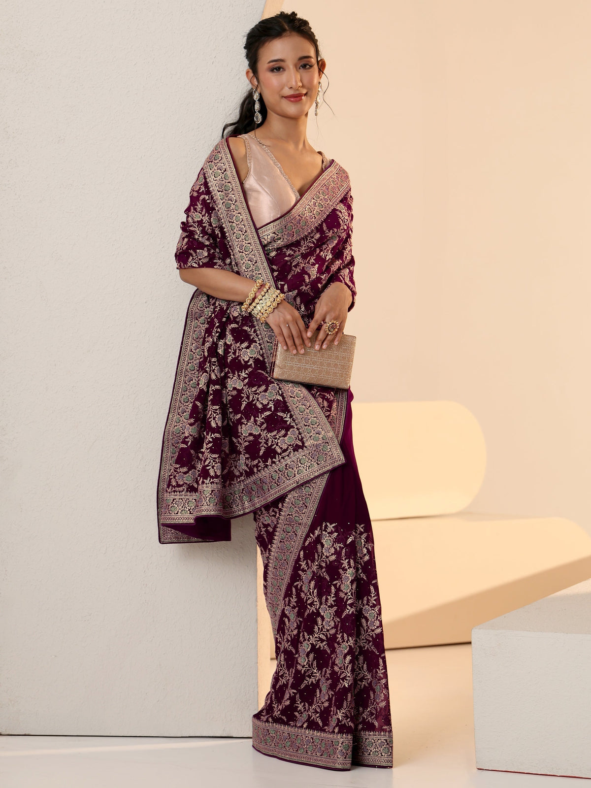 Anouk Wine Red Floral  Embroidered Georgette Saree