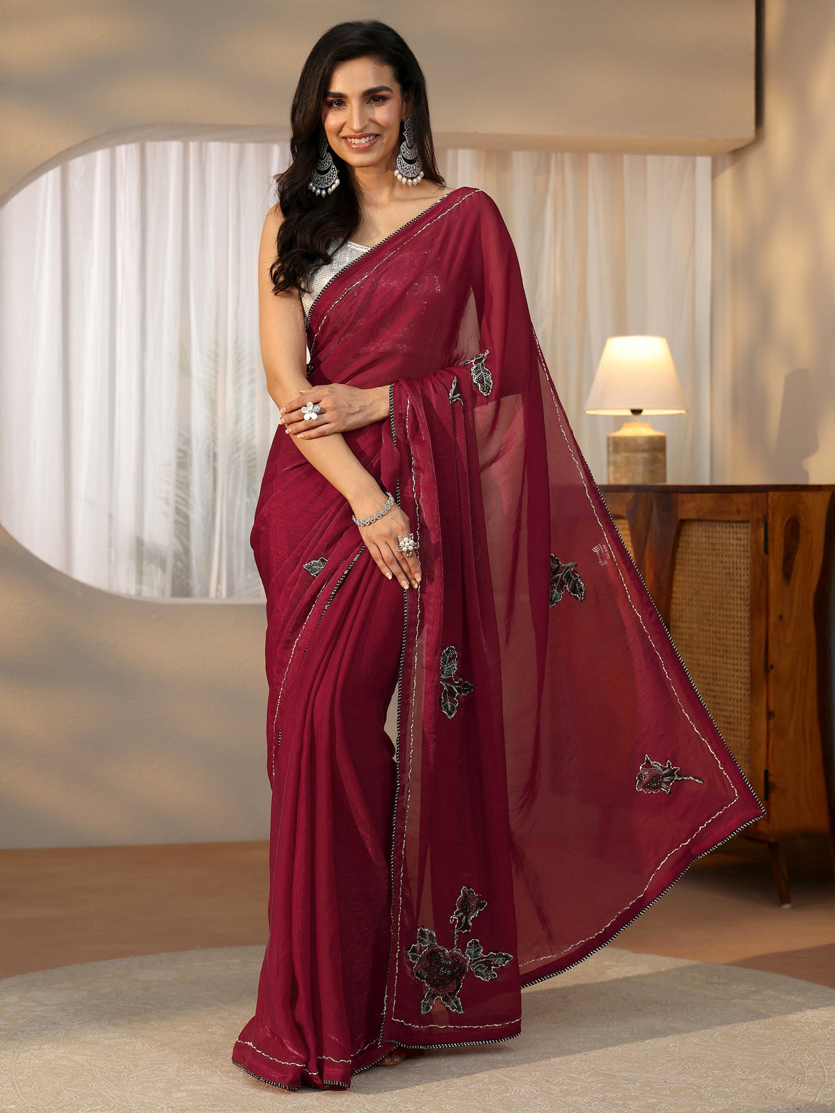 Anouk Wine Red Floral Applique Design Satin Saree