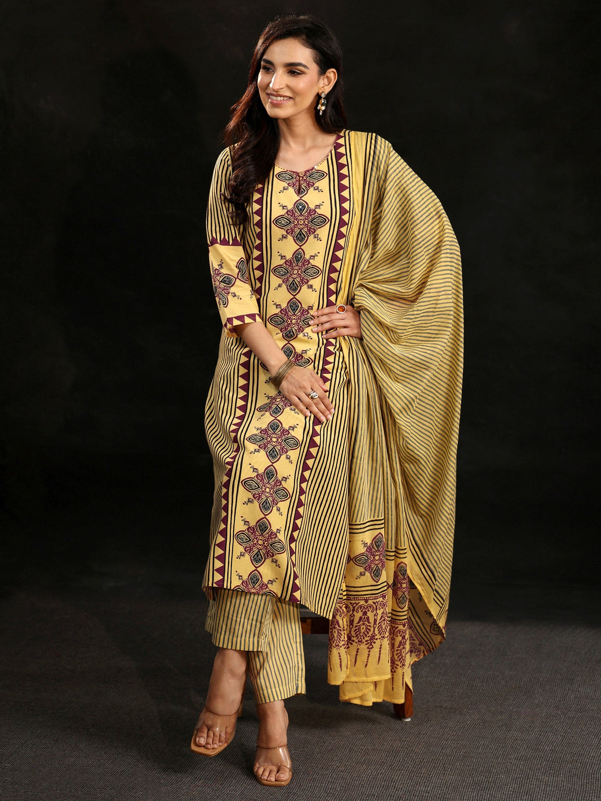 Anouk Yellow Ajrakh Printed Cotton Straight Suit Set