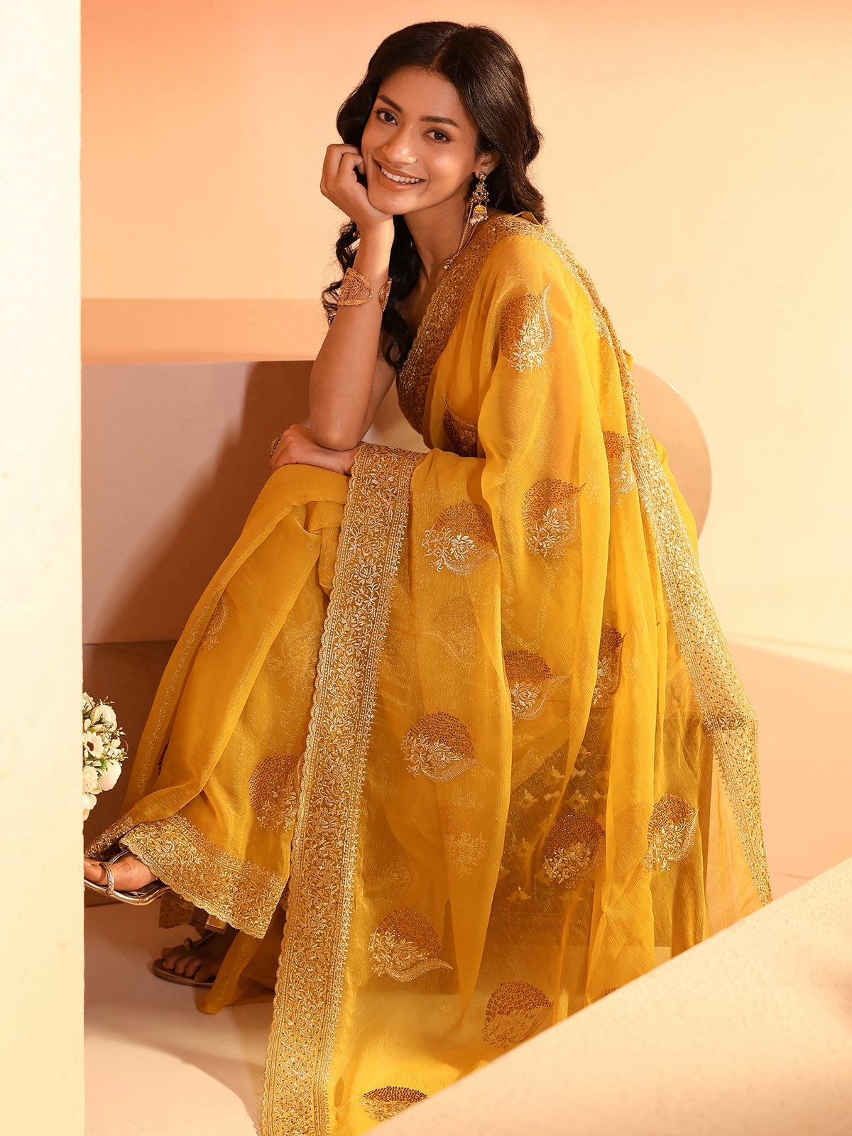 Anouk Yellow Embroidered Chiffon Saree