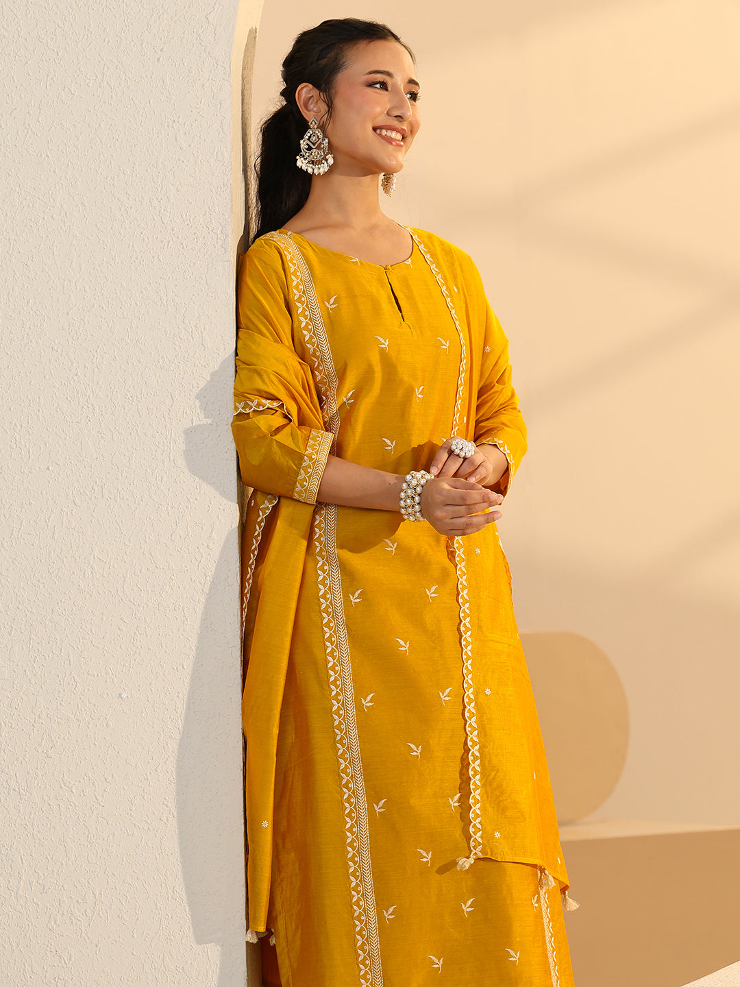 Anouk Yellow Floral Embroidered Chanderi Silk Straight Suit Set