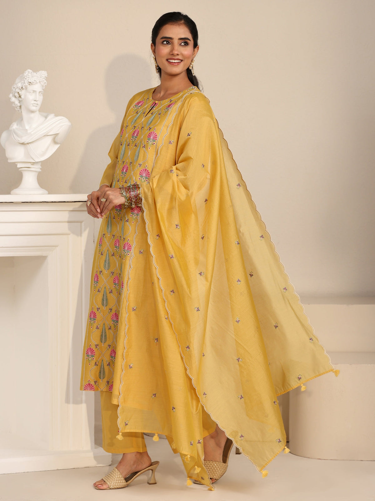 Anouk Yellow Floral Embroidered Chanderi Silk Straight Suit Set
