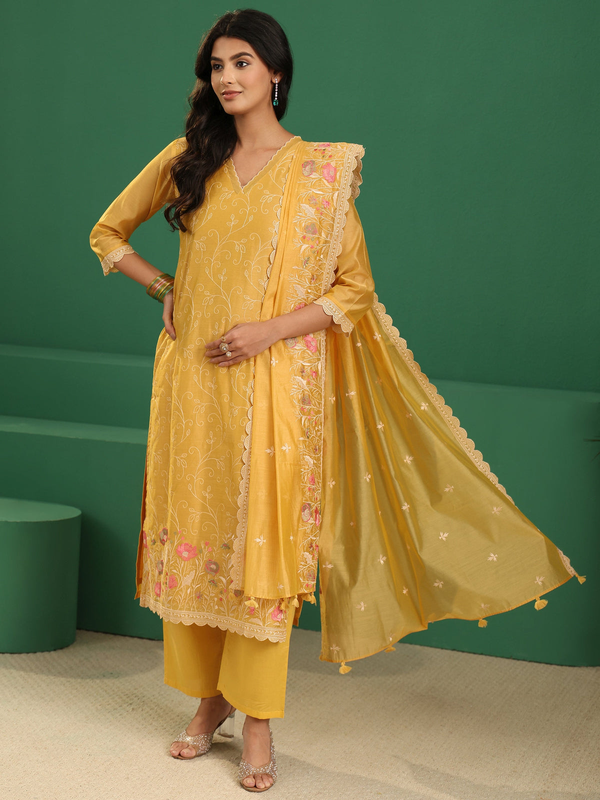 Anouk Yellow Floral Embroidered Chanderi Silk Straight Suit Set