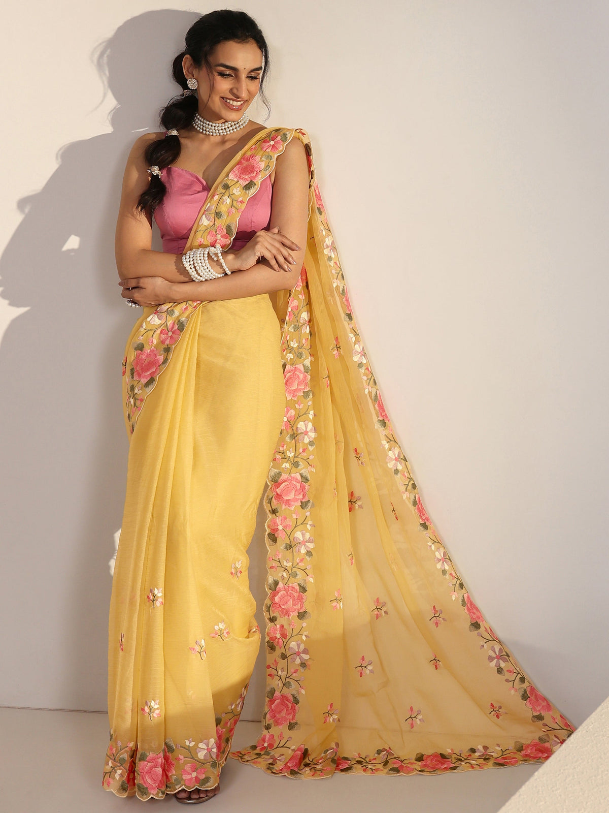 Anouk Yellow Floral Embroidered Chiffon Saree with Scalloped Border