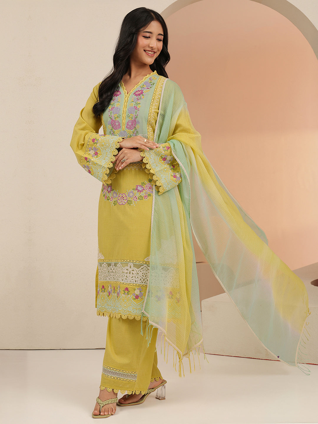 Anouk Yellow Floral Embroidered Cotton Straight Suit Set