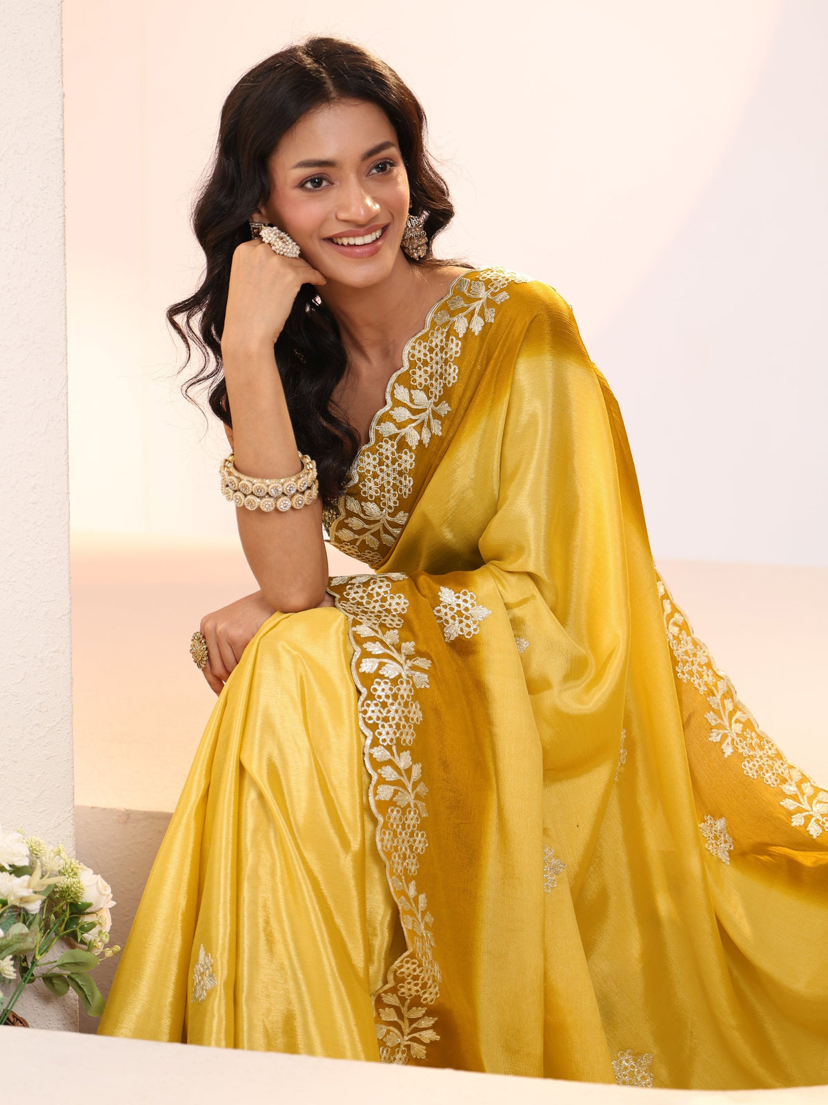 Anouk Yellow Floral Embroidered Ombre Silk Blend Saree