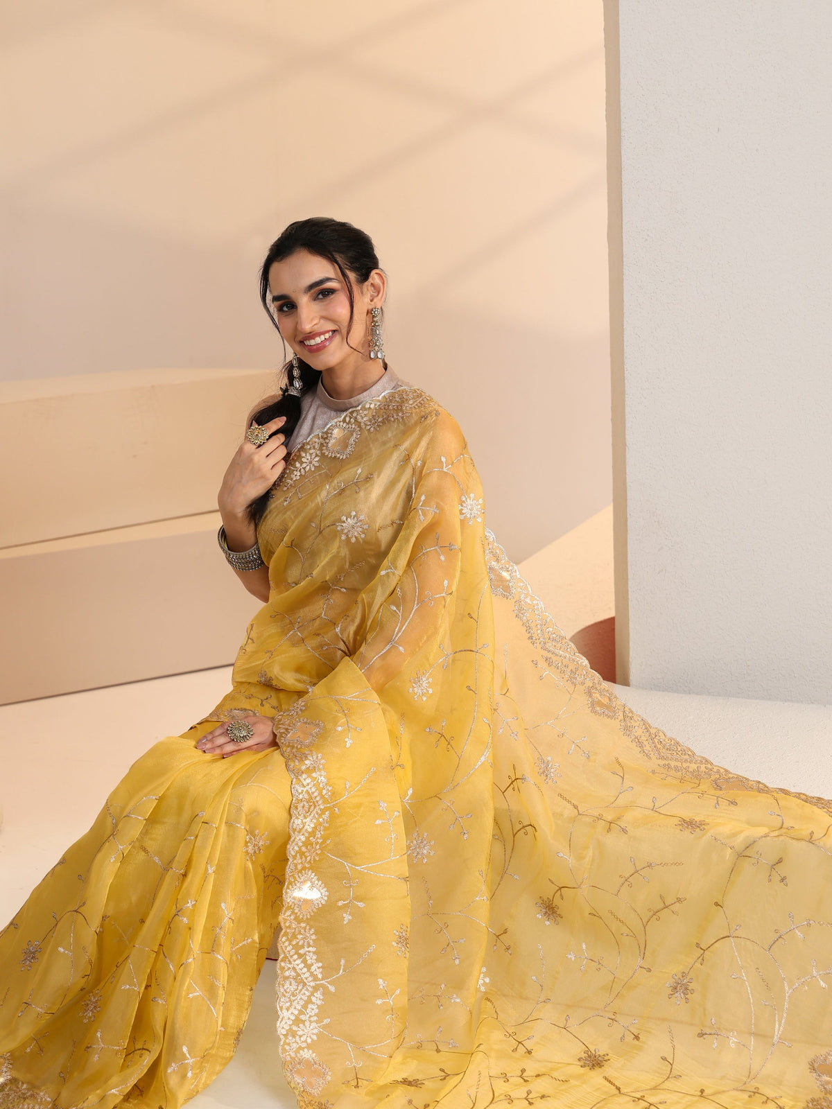 Anouk Yellow Floral Embroidered Tissue Saree