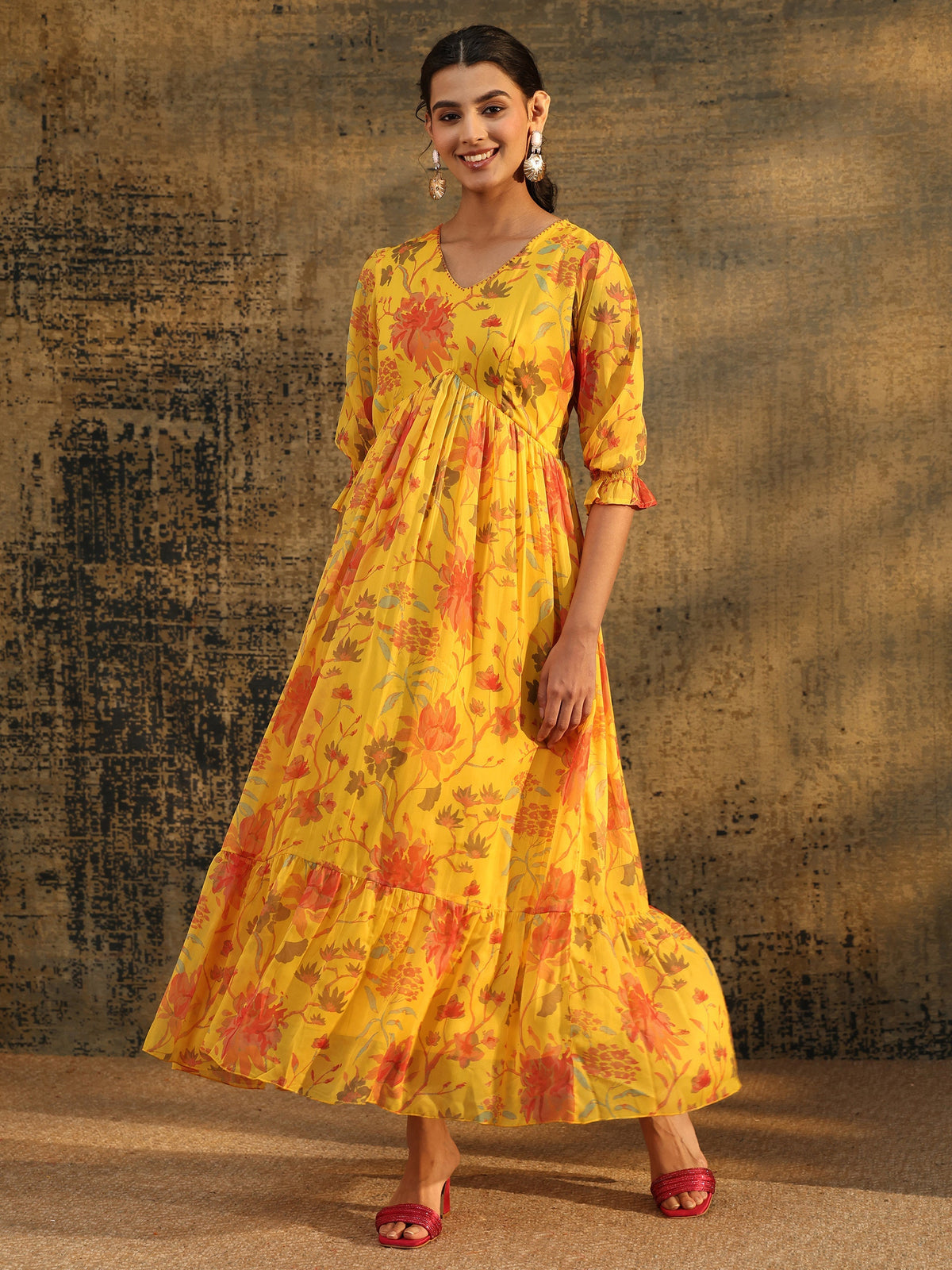 Anouk Yellow Floral Printed Empire Chiffon Dress