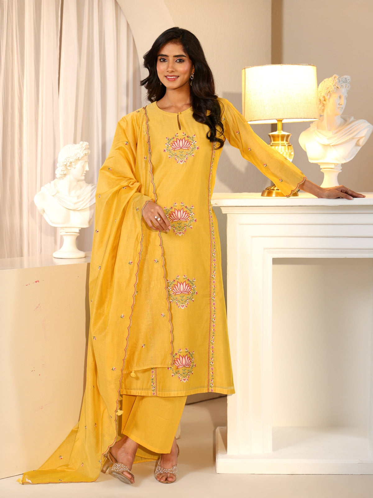 Anouk Yellow Lotus Embroidered Chanderi Silk Straight Suit Set