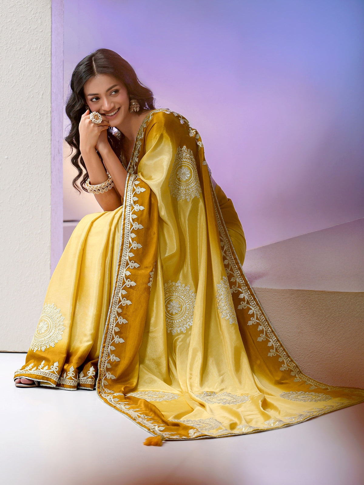 Anouk Yellow Mandala Art Embroidered Ombre Silk Blend Saree