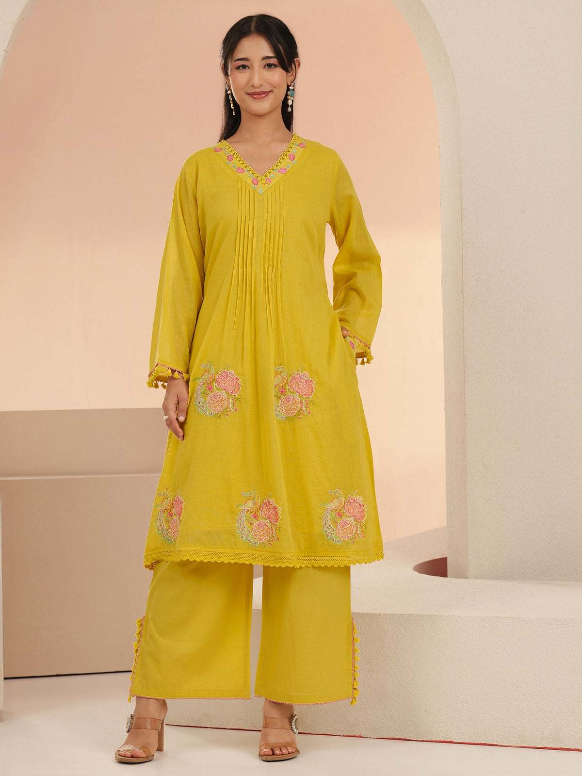 Anouk Yellow Peacock Motif Cotton A-Line Kurta Set