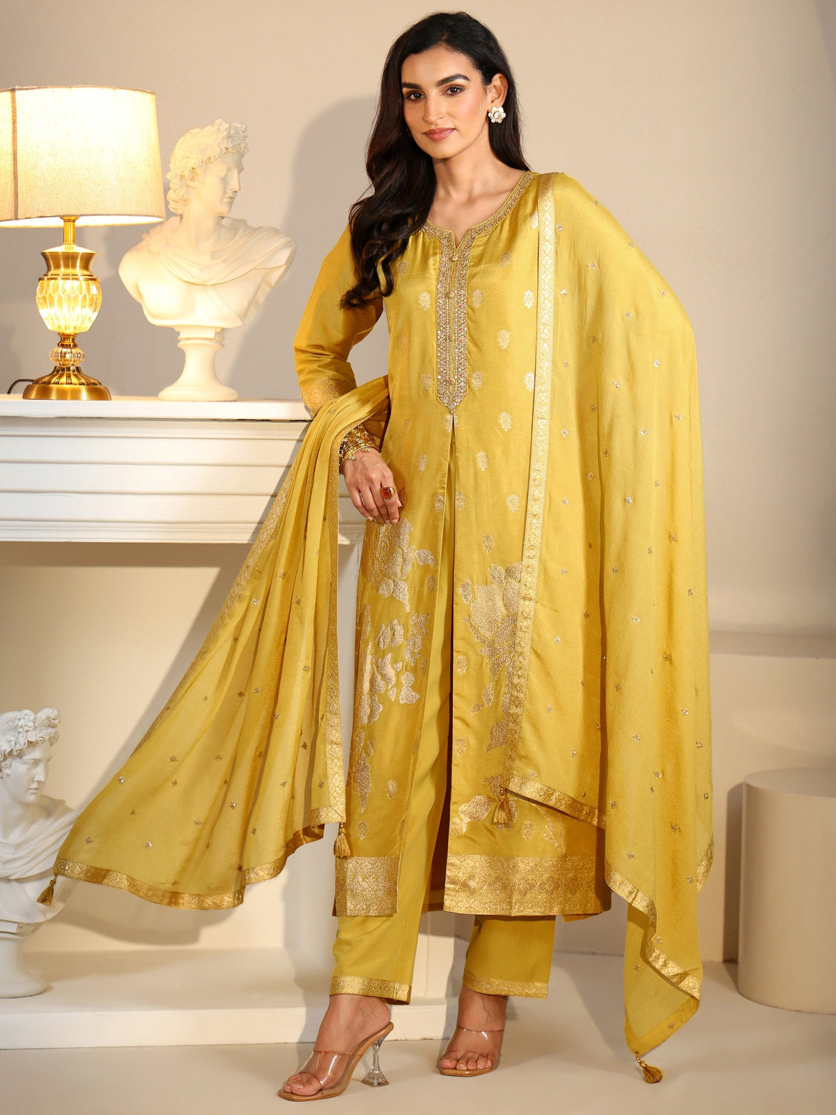 Anouk Yellow Woven Design Front Slit Silk Blend Straight Suit Set