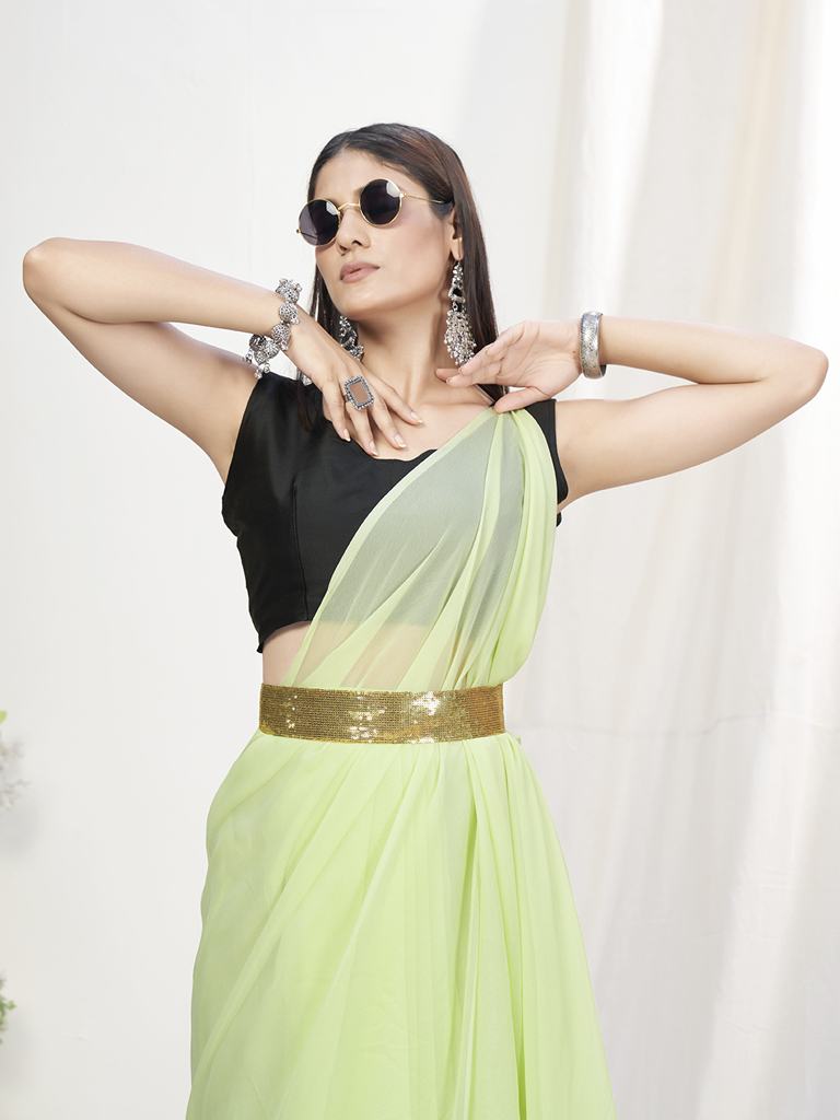 Light Fern Green Pre-Stitched Blended Silk Saree