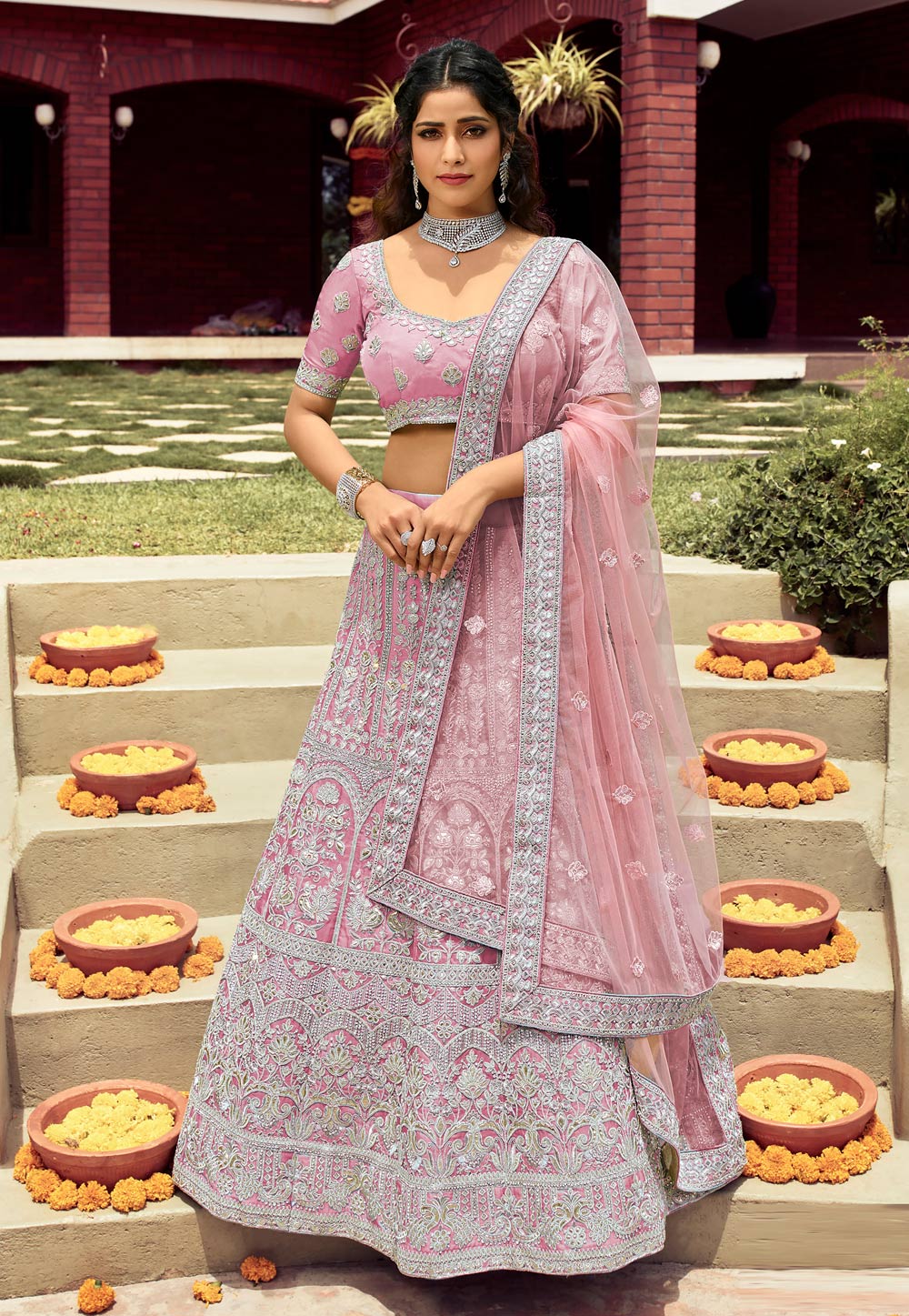 Light Purple Embroidered Organza Semi Stitched Lehenga