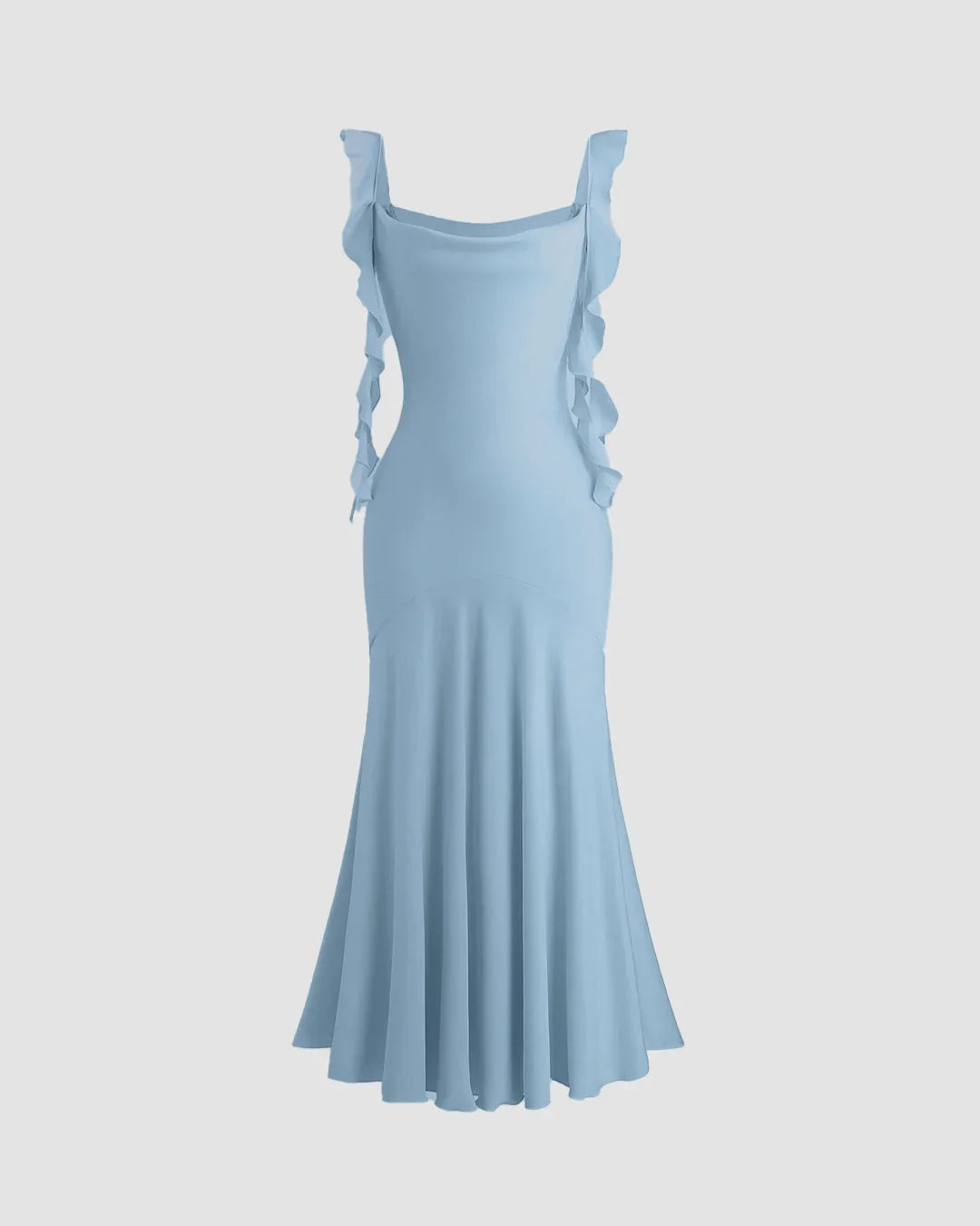 Light Blue Ruffle Strap Fishtail Midi Dress